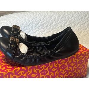 TORY BURCH Ambrose Ballet Flats Leather Camel Black Gold Buckle Women's Size 7 B